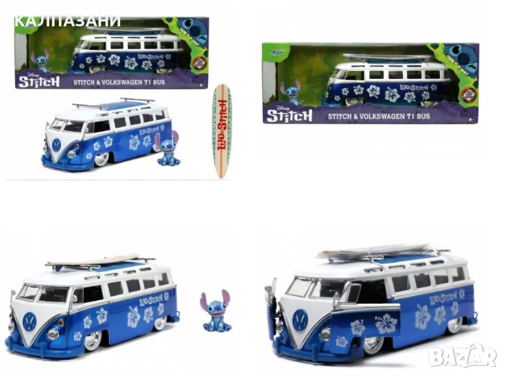 Метален Бус Disney Lilo & Stitch Volkswagen T1 Bus Van & Stitch с фигурка Jada Toys 1/24 - 253075000, снимка 1