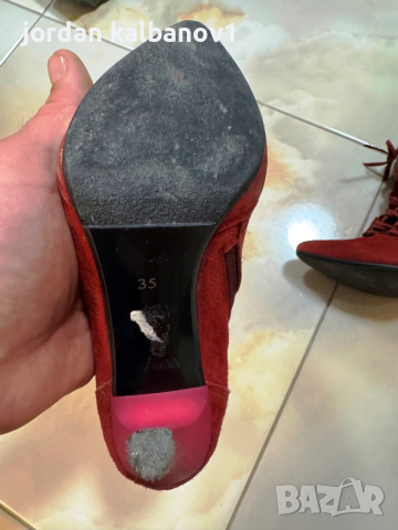 Подарявам - Дамски велурени червени боти номер 35 стелка 22см. ток 9см., снимка 4 - Дамски боти - 53598448