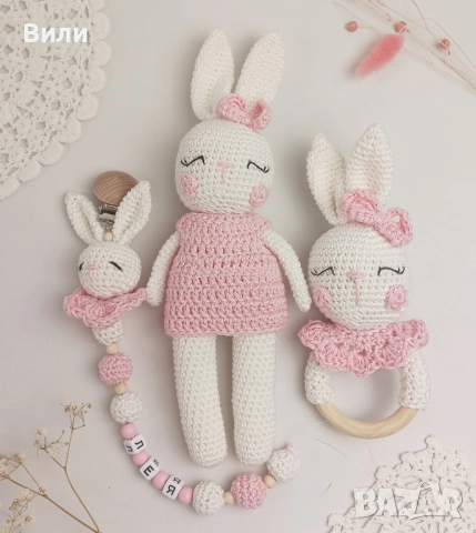 Детска играчка ръчна изработка, плетено зайче, дрънкалка и клипс за биберон, подарък за бебе