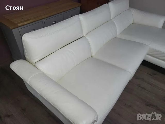 Светло кремав кожен ъглов диван с електрически релакс механизъм, снимка 3 - Дивани и мека мебел - 46475339