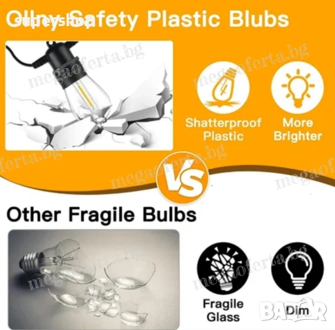 Светлинна Верига 10м. с 20Бр. Външни Нечупливи Лед Крушки за Декорация, снимка 6 - Външни лампи - 54155770