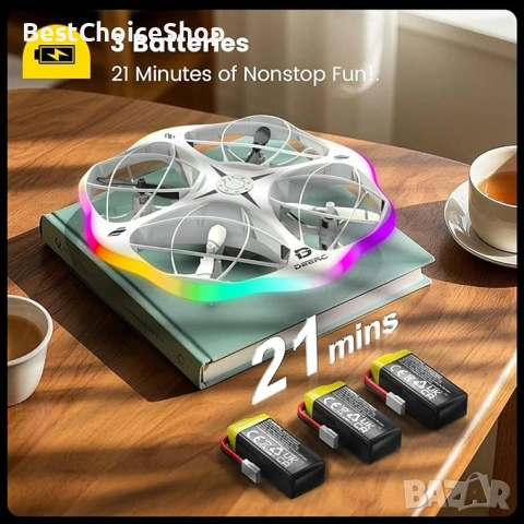 DEERC D13 Мини дрон за деца с избягване на препятствия 6 LED светлинни режима 3 батерии - многоцвете, снимка 4 - Дронове и аксесоари - 53651540