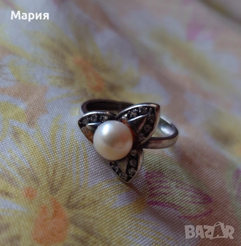 Сребърен пръстен с перла и циркониеви камъни, снимка 2 - Пръстени - 53056943