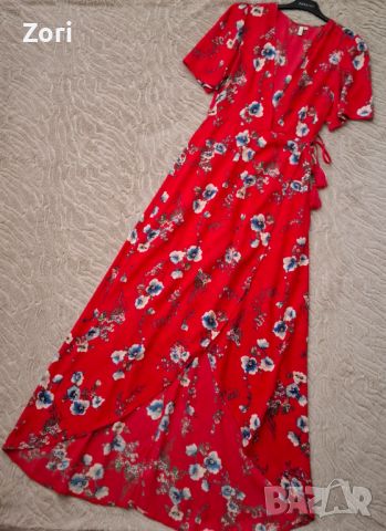 РАЗКОШНА дълга червена рокля на цветя тип "прегърни ме", снимка 1 - Рокли - 46088082