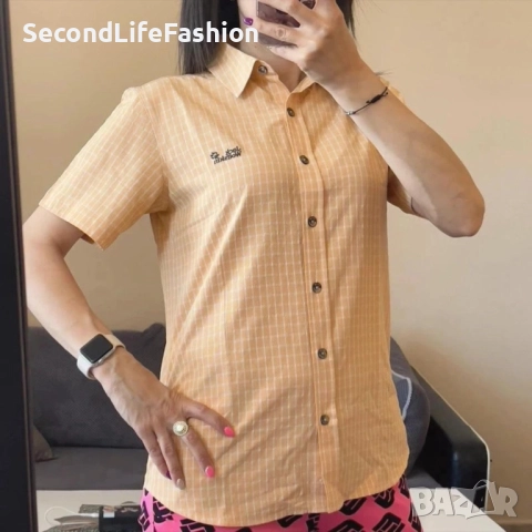 Дамска риза Jack Wolfskin Travel каре бяло-оранжева, с копчета, размер М, снимка 4 - Ризи - 52571868