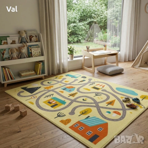 Детски килим за игра 120х160см - Светложълт килим с цветни къщички, противоплъзгащ и миещ се, снимка 4 - Килими - 53931483