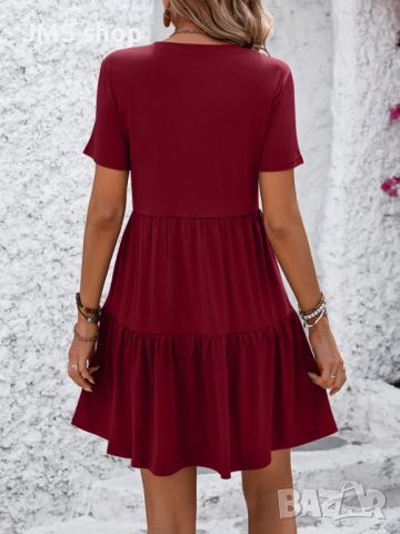 Дамска ежедневна едноцветна рокля с обло деколте и плисирани къси ръкави, 5цвята , снимка 3 - Рокли - 45435491