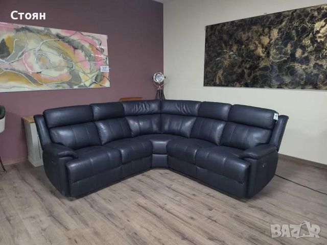 Черен кожен ъглов диван с електрически релаксиращ механизъм Gracy, снимка 1 - Дивани и мека мебел - 46475382