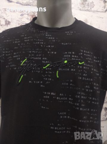 Saviola- черна тениска, ситен принт и бродерия, памук и еластан, снимка 2 - Тениски - 45841108