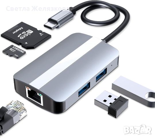 USB C, многопортов USB HUB адаптер, LAN RJ45 Ethernet, SD/TF четец, снимка 1 - Кабели и адаптери - 46532438