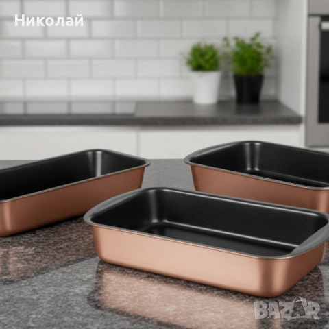 Комплект от 3 тави за печене Cheffinger с незалепващо покритие – различни размери, меден цвят, снимка 2 - Съдове за готвене - 53207377