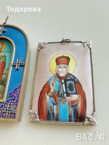 Лот сребърни икони,Царска Русия''сребърна,сребро 84 икона св.Николай Чудотворец/гилеше емайл, снимка 7 - Икони - 51951215