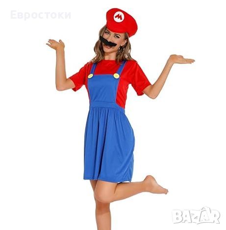 Дамски костюм Super Mario, дамски карнавален костюм Супер Марио с рокля, шапка и мустаци, размер: М, снимка 5 - Костюми - 46739800