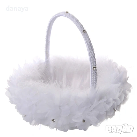 6503 Бяла сватбена кошница за цветя и късмети за хвърляне, 23 см, снимка 7 - Сватбени аксесоари - 54039186