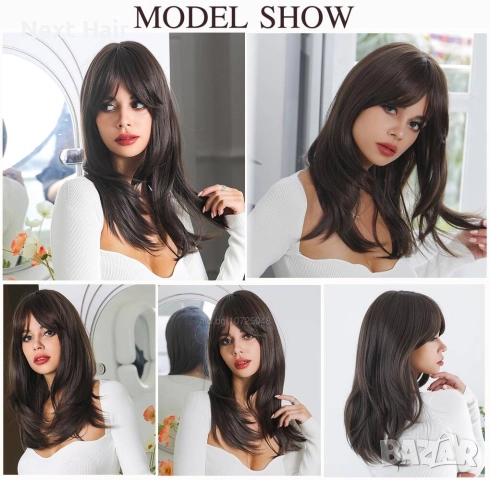 Синтетична тъмно кафява перука - 55 см, средна дължина с бретон и зиг-заг път, снимка 5 - Аксесоари за коса - 52897552