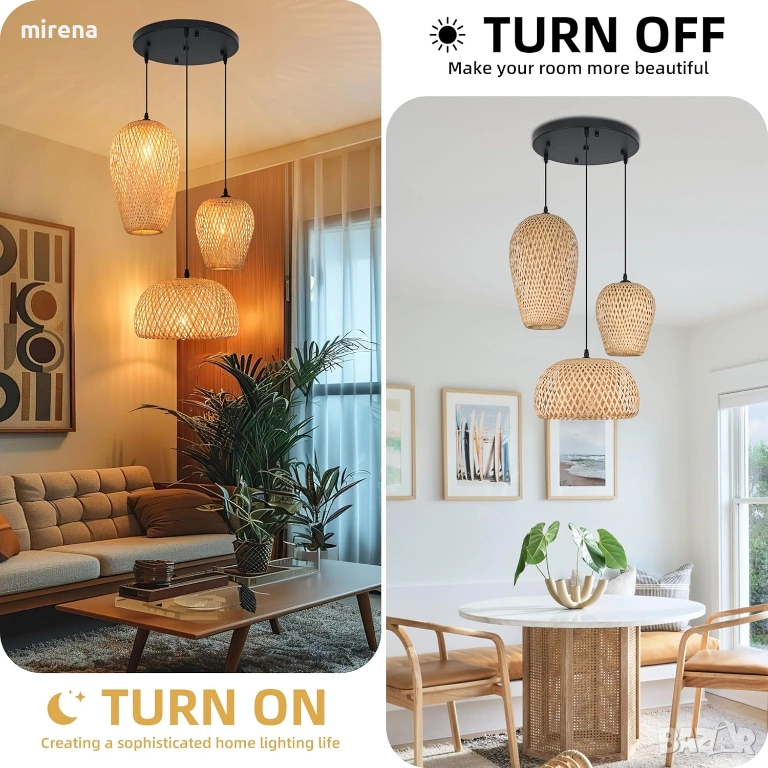 Лампа от ратан с 3 лампи, бамбук, бохо стил, ръчно плетени полилеи, снимка 1