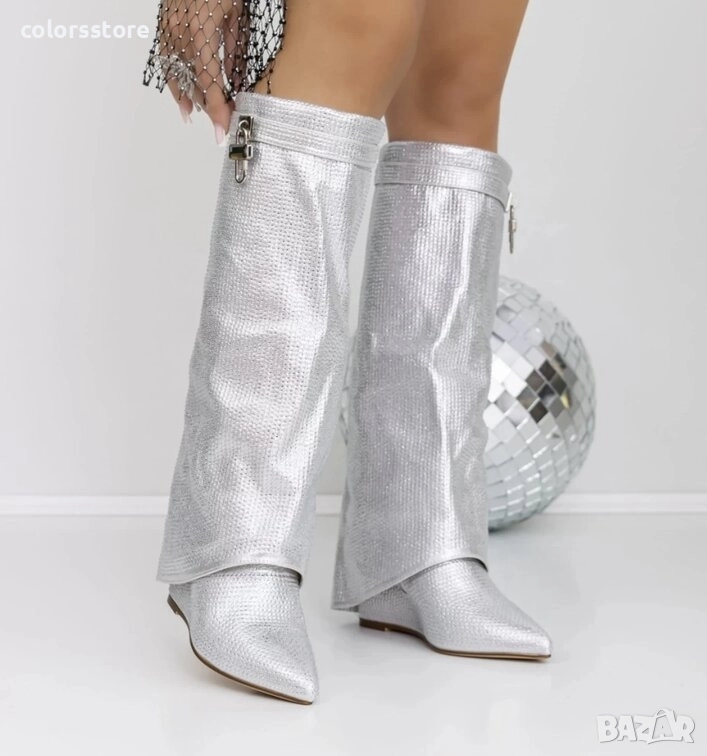 Ботуши на платформа - сребристи с камъчета - 3JF7 , снимка 1