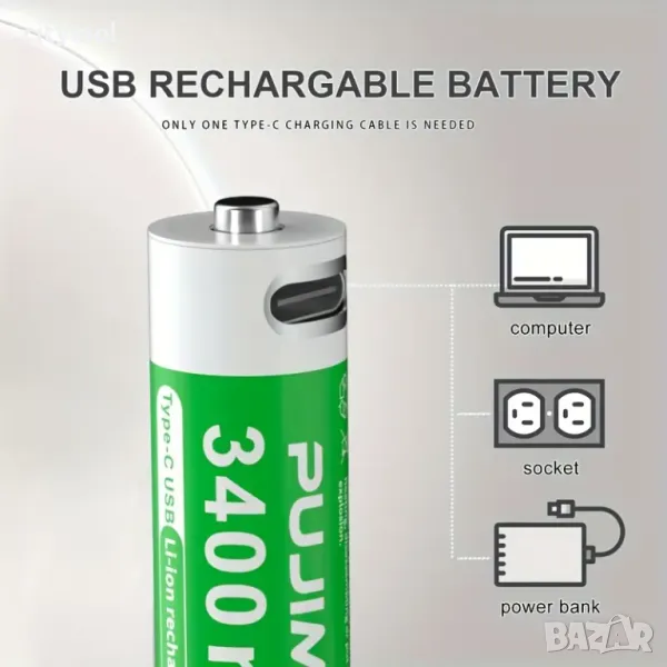 Акумулаторна батерия 1.5V AA, 3400 mAh, USB Type C зареждане, снимка 1