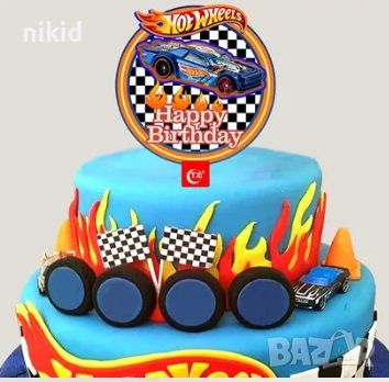 Hot Wheels Хот Уилс Happy Birthday пластмасов топер украса табела за торта рожден ден, снимка 1