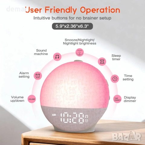 Будилник с изгрев/залез, машина за бял шум с 30 звука, 12 цвята, нощна светлина, снимка 7 - Други стоки за дома - 53794357