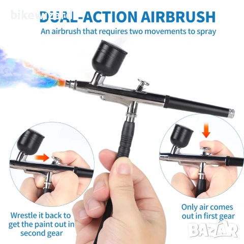 Комплект аерограф 40PSI с двойно действие с компресор и маркуч – преносим НОВ, снимка 3 - Други инструменти - 53639699