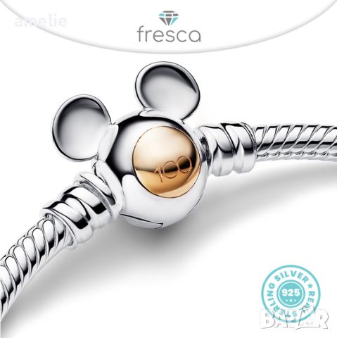 Детска гривна S925 Fresca по модел тип Пандора Pandora Disney Mickey and Minnie.Масивно посребрена, снимка 1 - Гривни - 45638588