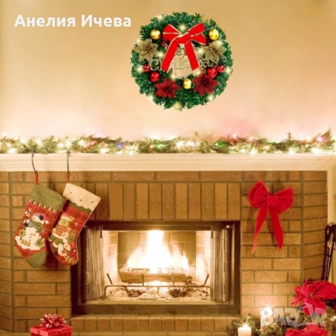 Коледен венец Mеrry Christmas с панделка, снимка 3 - Декорация за дома - 51779320