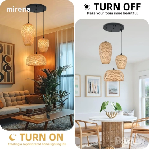 Лампа от ратан с 3 лампи, бамбук, бохо стил, ръчно плетени полилеи