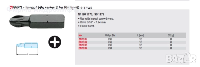 FACOM ENP.2 Накрайник / бит кръстат Phillips ударен, дължина 32мм, 5/16'' - различни размери, снимка 3 - Отвертки - 34631897
