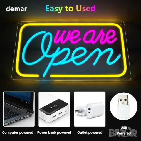 LED неонов надпис We Are Open, 42x23 см, USB захранване, (розово&синьо&жълто), снимка 4 - Лед осветление - 47512364