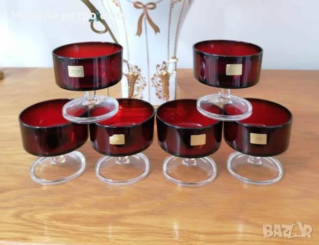 Елегантен комплект  от 6 бр. чаши ''Luminarc''. Изработени в рубинен цвят и прозрачно столче., снимка 5 - Чаши - 52040392