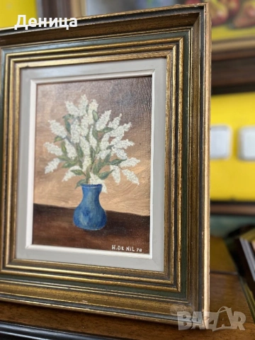 Маслена картина с букет от бял люляк Рисувана върху фазер Размери-31/57 с рамката и без нея-16/22 см, снимка 2 - Картини - 53716215