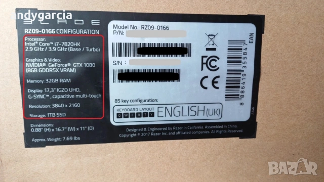Razer Blade Pro 17.3 4K IGZO Touch/Intel Core i7-7820HK/NVidia GTX 1080 8GB/32GB RAM/1TB SSD NVMe, снимка 3 - Лаптопи за игри - 53299449