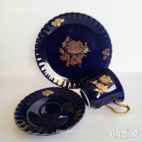 Кобалтово сини ваза Porzellanfabrik Waldsassen Bareuther & Co. AG и троен комплект , снимка 10 - Други ценни предмети - 54142289