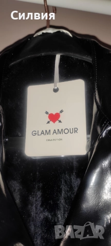 Дамски лачен кожен черен шлифер "Glam Amour" / "Глам Амур" с колан, пухеста яка и етикет, размер "S", снимка 3 - Шлифери - 52670560