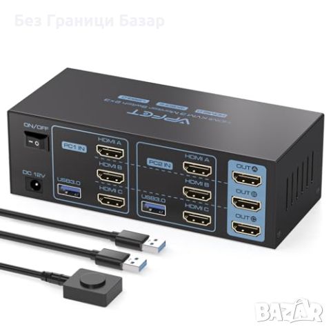 Нов KVM Switch 4K 60Hz 3 HDMI монитора 2 компютъра USB 3.0 - 5Gbps, снимка 1 - Друга електроника - 45511273