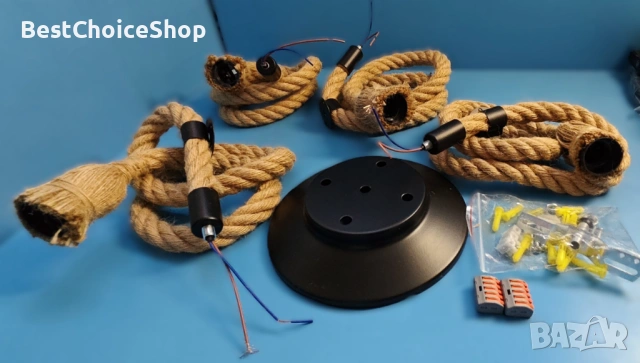 винтидж пендел от конопено въже, висящ полилей с 4 гнезда, снимка 3 - Полилеи - 53929599