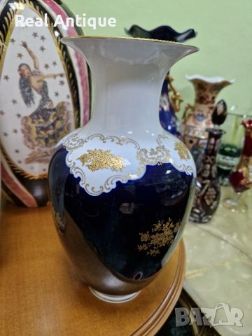 Рядка уникална антикварна колекционерска порцеланова немска ваза кобалт с позлата Reichenbach, снимка 6 - Вази - 45713468