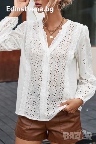 Дамска памучна блуза в бяло с дълъг ръкав и бродерия, снимка 3 - Блузи с дълъг ръкав и пуловери - 45418277