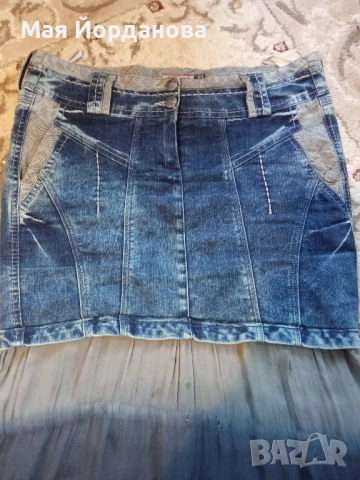 Оригинална дънкова пола Юнона с копринена долна част е Бохо стил. Номер Lx умалена, цена 37 лв., снимка 3 - Поли - 52331510