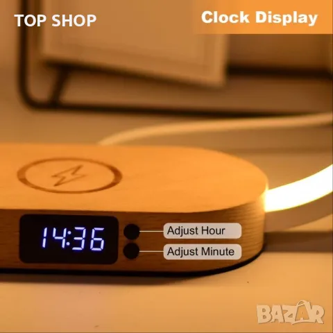 Нощна лампа Donewin 10W бързо безжично зареждане/часовник/USB порт/сензорно упр-е/дърво/3 режима, снимка 4 - Лед осветление - 49308588