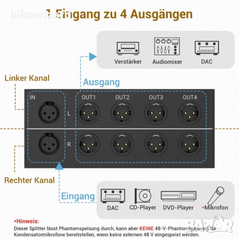 4-посочен XLR стерео аудио сплитер, балансиран конвертор от 1 женски към 4 мъжки  НОВ, снимка 3 - Друга електроника - 52819373