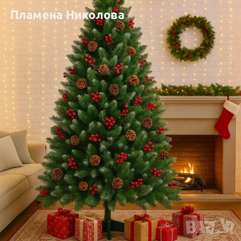 Изкуствена елха Luxury Diamond с червен глог и шишарки