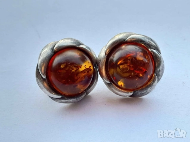 Ретро френски сребърни обеци с естествен кехлибар