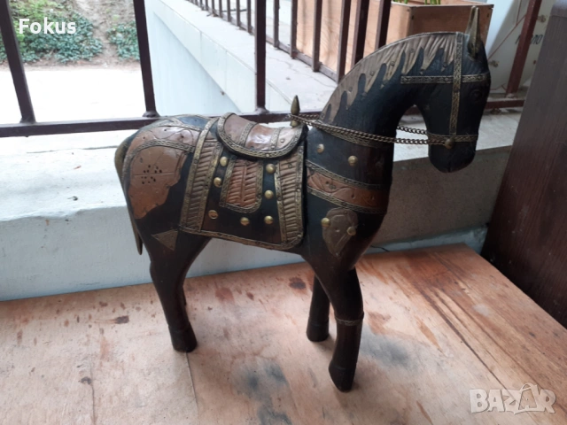 Старо антикварно дървено конче с месинг статуетка фигура кон, снимка 2 - Антикварни и старинни предмети - 54220587