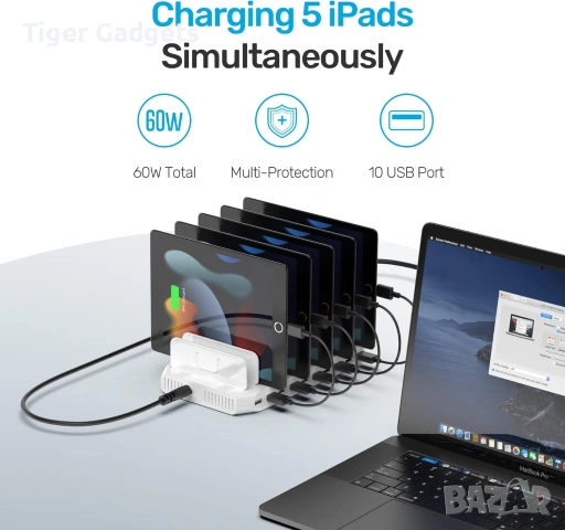 Unitek 60W USB зарядна станция 10 порта за телефони таблети SmartIC, снимка 7 - Друга електроника - 54156582