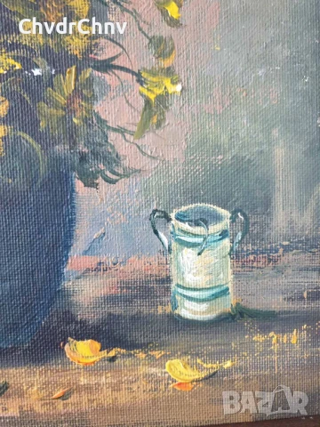 47х40см/малка стара картина масло върху платно-фазер/натюрморт ваза с цветя/дървена рамка, снимка 4 - Картини - 50823395