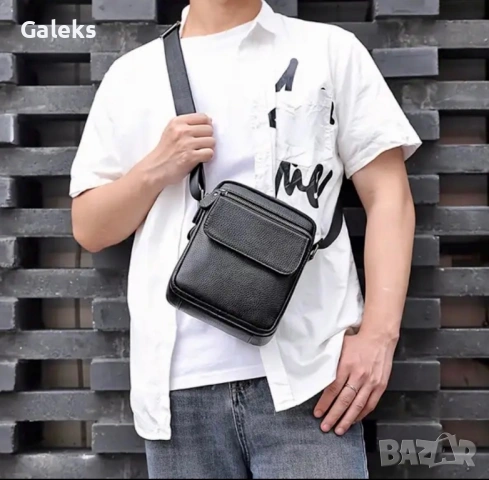 Мъжка компактна кожена чантичка с капаче / Гланцова черна естествена кожа!, снимка 12 - Чанти - 53101729