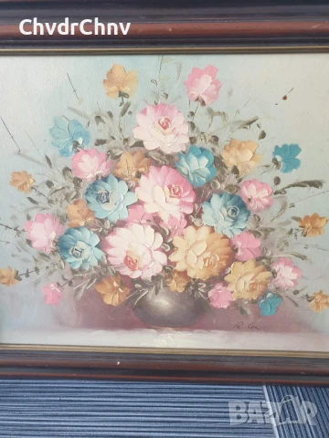 Robert Cox 63х53см/стара картина масло върху платно/натюрморт ваза с цветя/дървена рамка, снимка 2 - Картини - 50895732