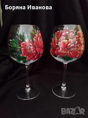 Ръчно рисувани чаши за вино – комплект 2 бр. | подарък | арт чаши, снимка 3 - Декорация за дома - 53821151